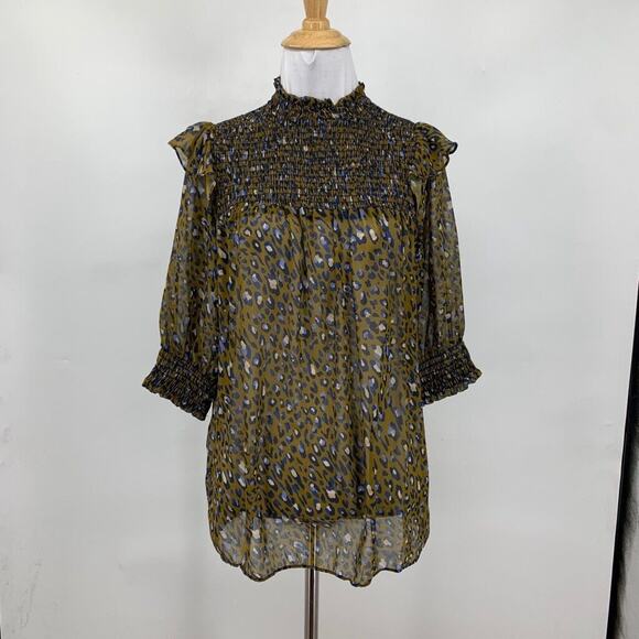 Cotton Chicks Blouse Womens S Small Multi Semi Sheer Smocked Puff Sleeve Leopard - Picture 2 of 14